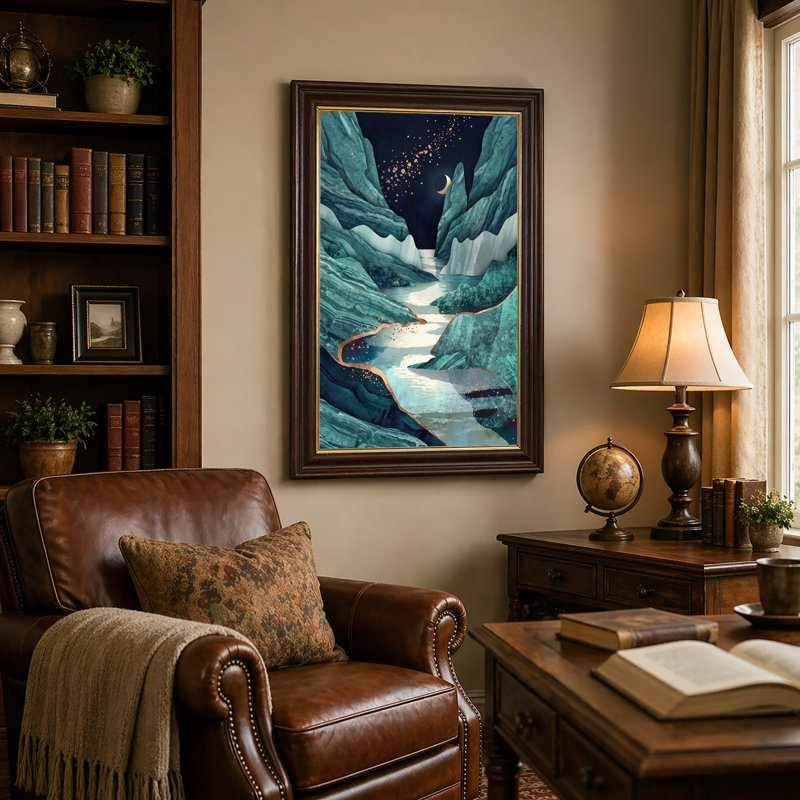 Art mural sur toile Teal Layered Mountains River Gold Moon, 18"H x 12"W
