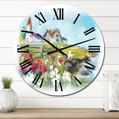Bâtiments blancs sur un pré vert coloré - horloge murale Country