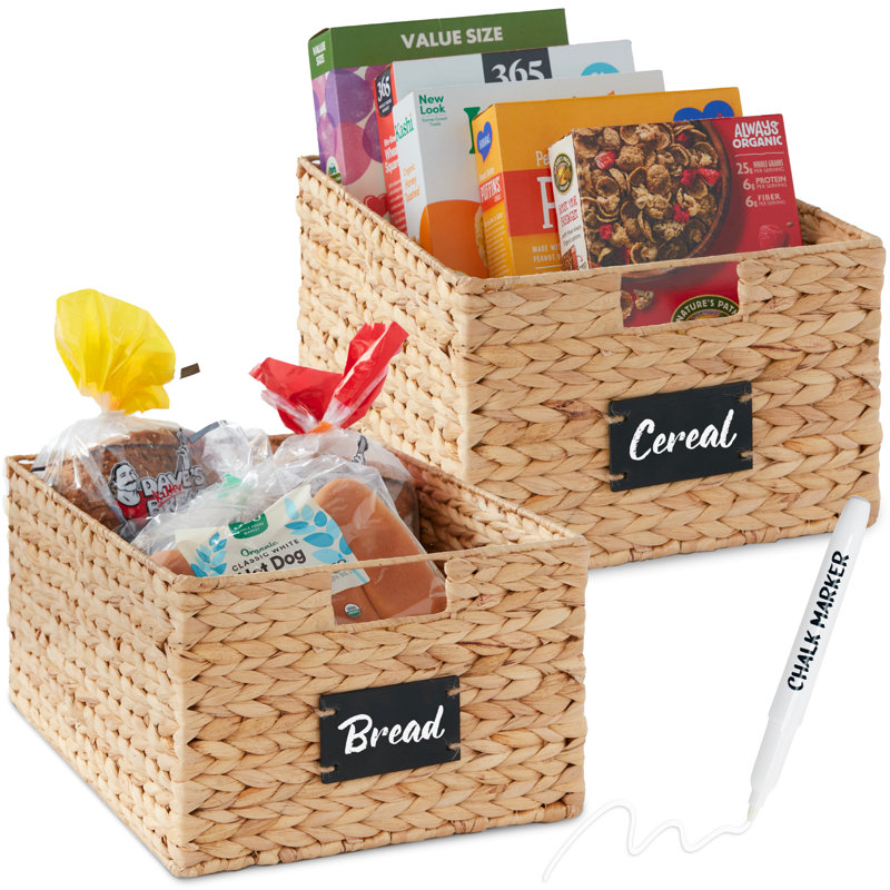Aguta 2 16in Woven Water Hyacinth Pantry Baskets w/ Chalkboard Label, Chalk Marker, Natural