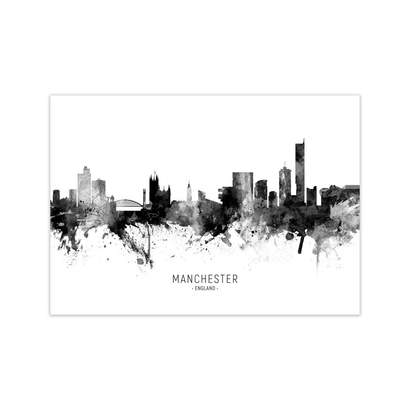 Manchester England Skyline Black White City Name by Michael Tompsett - Print, Unframed, 60cm H x 84cm W x 1cm D