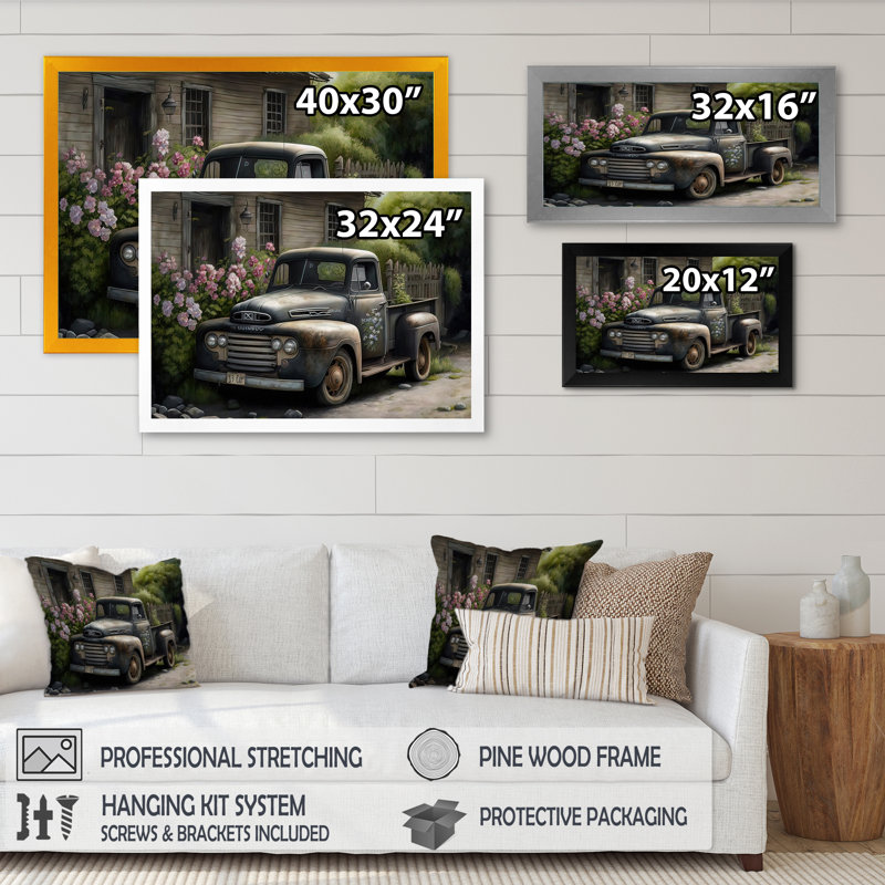 Voiture rétro à la grange - peinture sur toile, H 12 po x l 20 po x P 1 po, Impression dorée sur toile encadrée