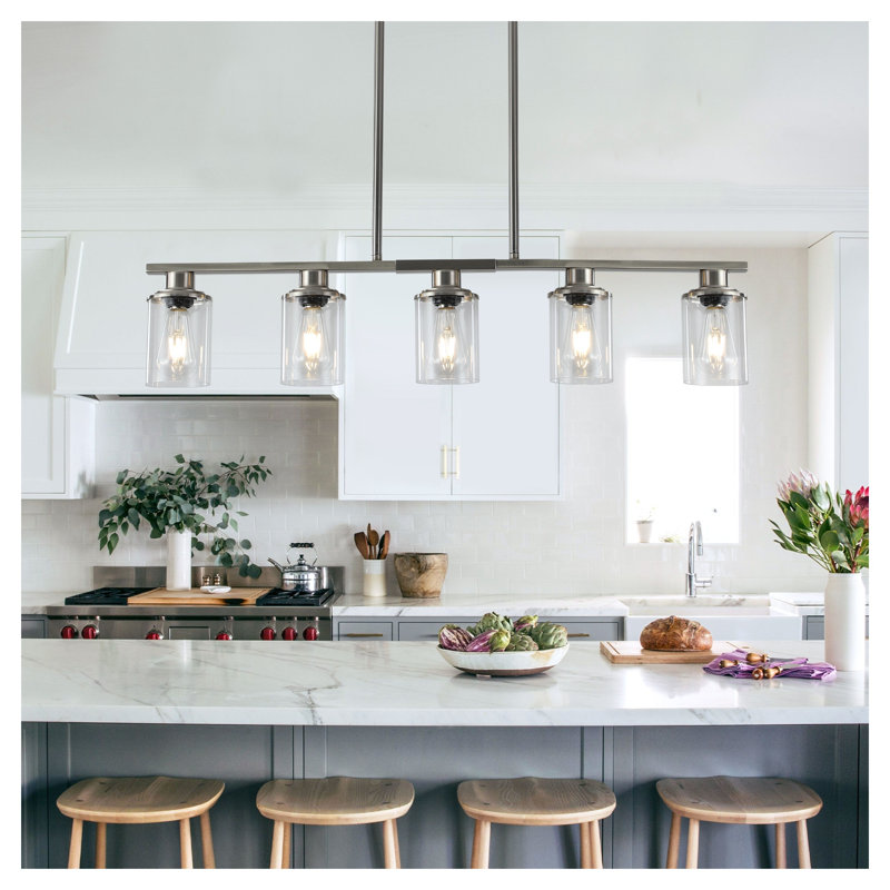 Lustre linéaire 37 lumières en nickel brossé 37 "- îlot de cuisine contemporain avec abat-jour en verre transparent pour salle à manger, maison de campagne ou décor moderne