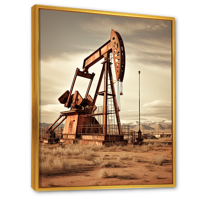 «Modern Sepia Drilling Rig Field», reproduction sur toile, Cadre flottant doré, H 32 po x l 24 po x P 1 po