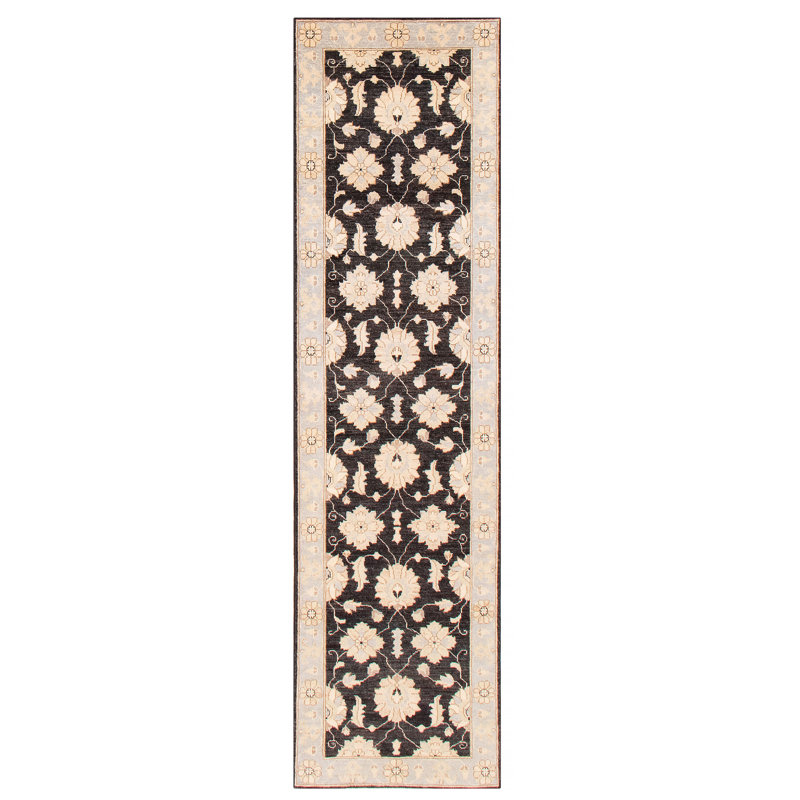 Tapis de couloir noir en laine noué à la main de conception unique 2 pi 8 po x 9 pi 10 po Axelson