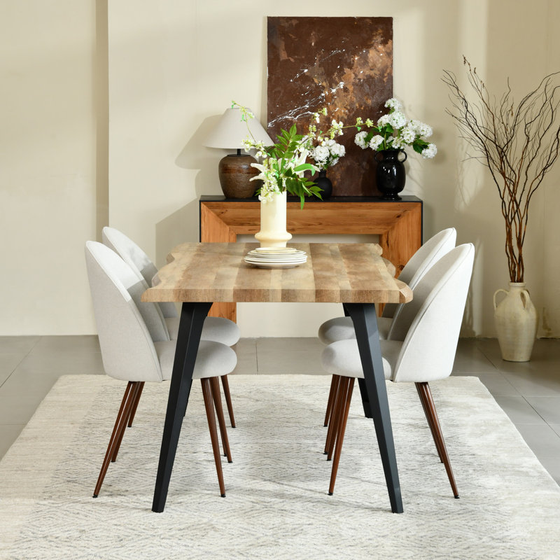 Shivani 5-Piece Dining Set - 63” Wood Table with Modern Wavy-Edge Design for Kitchen Dining Room, Tan, Ivory/Brown