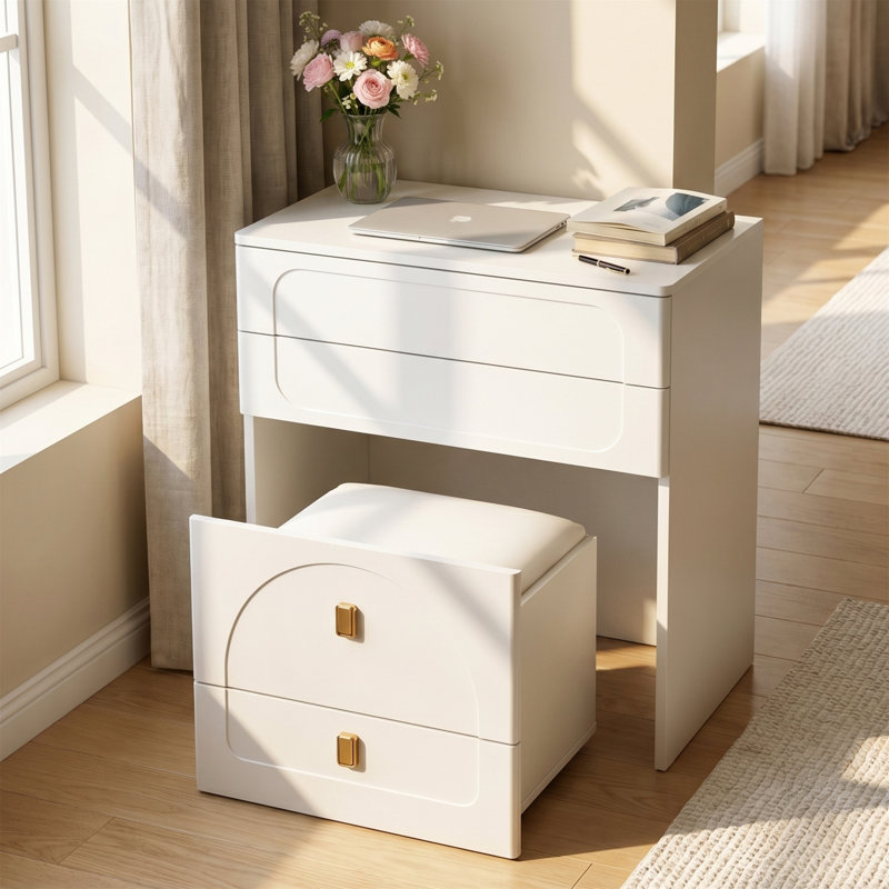Bureau de coiffeuse 3 en 1 avec miroir DEL, plateau en verre trempé, 3 modes de couleurs, tabouret de rangement, blanc