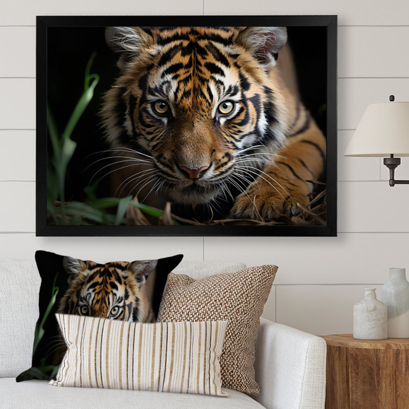 Portrait de tigre brun - art mural tigre, H 12 po x l 20 po x P 1 po, Cadre photo noir