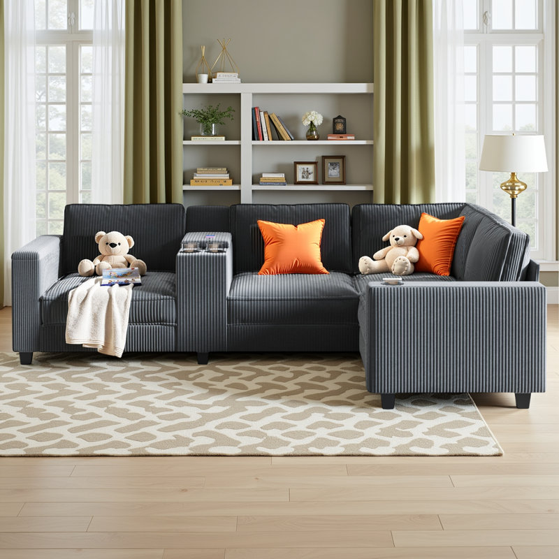 133" L-Shaped 6-Seater Sectional Sofa - Corduroy Fabric, USB Charging, Adjustable Seats, Center Console & Storage Armrests