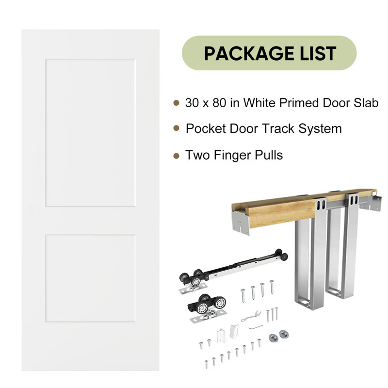 Porte coulissante 30 po x 80 po à 2 panneaux blancs lisses et moulés avec passe-tringle, 30 po x 80 po
