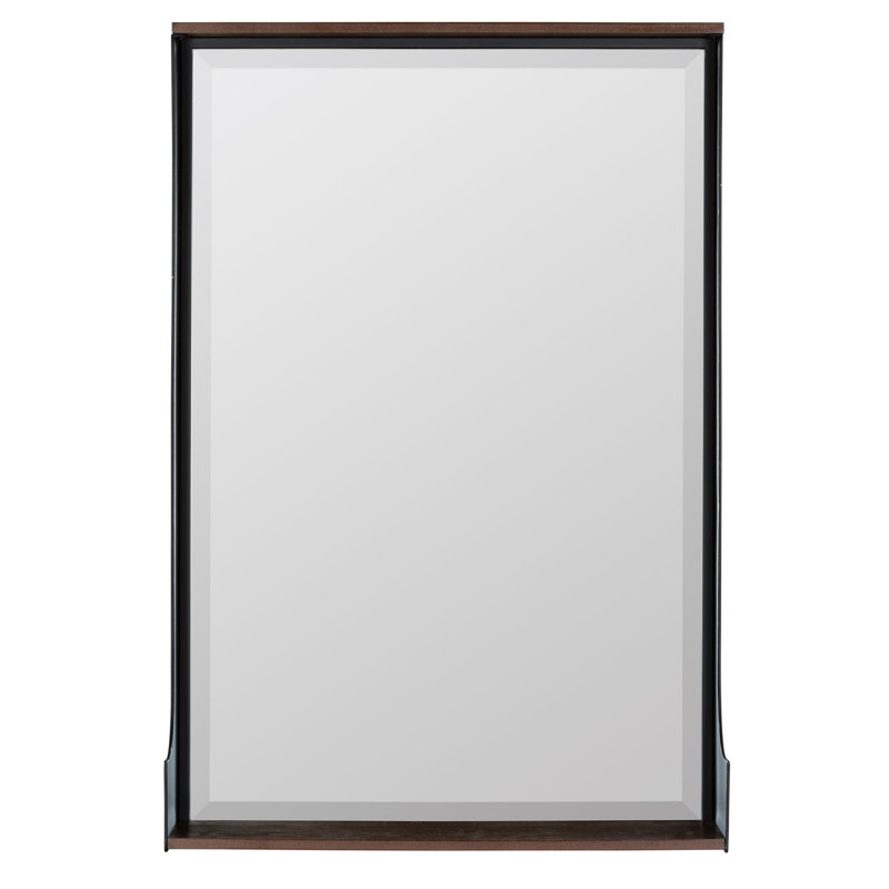 Black Metal & Dark Mahogany Wood Shelf Mirror