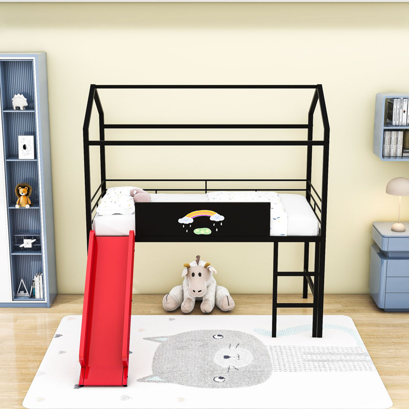 Metal House Loft Bed With Slide, Writable Wooden Board And Guardrails, Black/Red