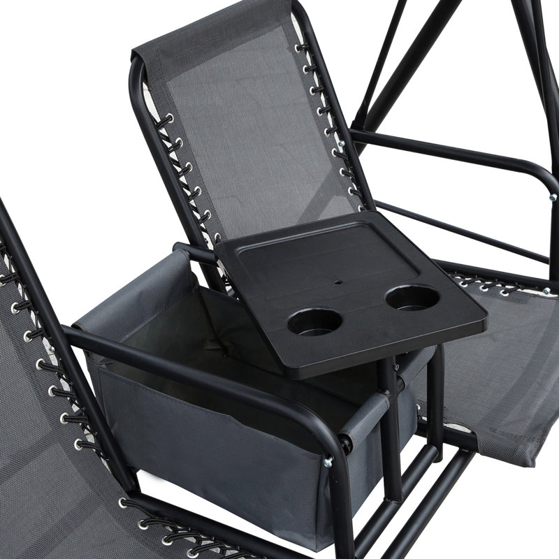 2 Outdoor Swing Chair, Canopy With Adjustable Shade, Pivot Storage Console, Cup Holder, Steel, Grey, 528 Lbs Supported