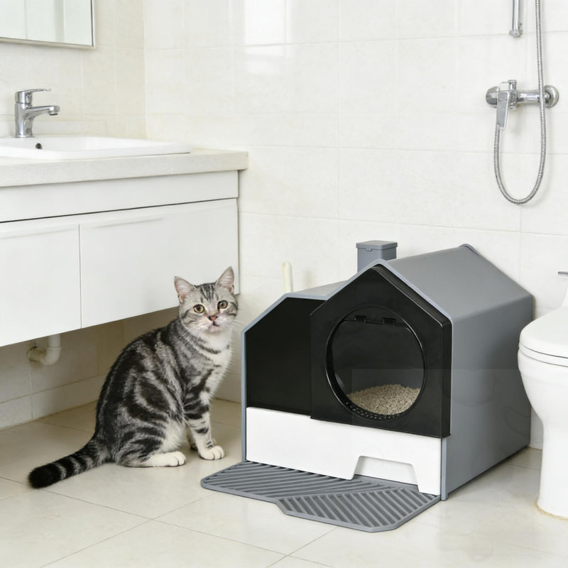 Litière à capuche pour chat avec pelle et tapis, Gris