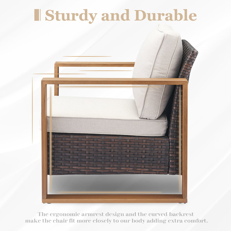 Drazen Outdoor Wicker Club Chair Set Of 4 With Thick Cushions & Unique Wood-Grain Armrests, Brown/Beige