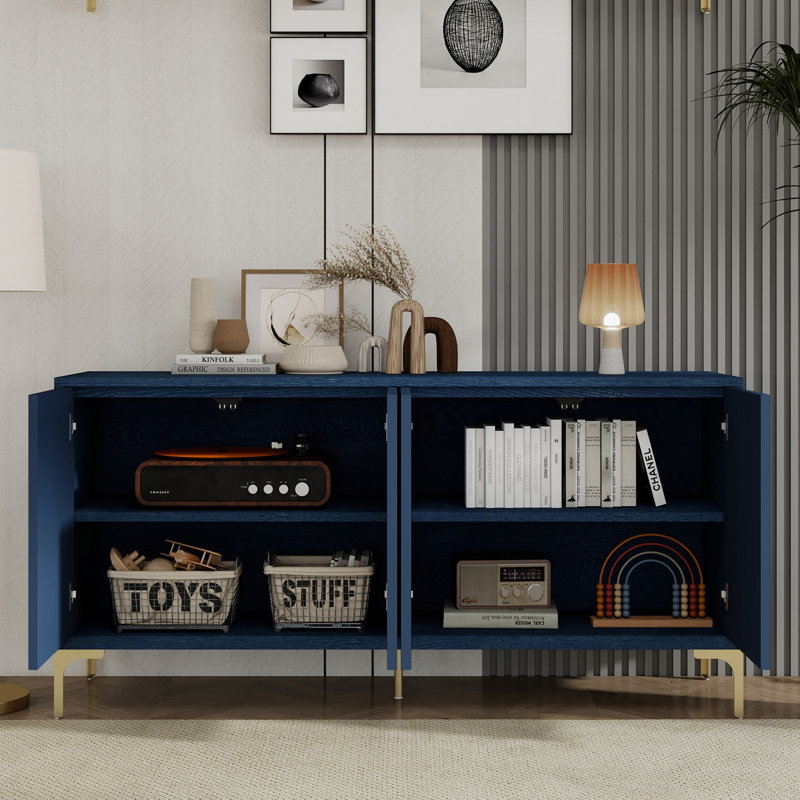 Buffet 4 portes avec tablettes réglables et pieds en métal, Bleu clair
