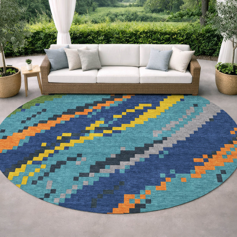 Machine Washable Indoor/Outdoor Chantille ACN2828 Kids Rug, 8' Round, Teal