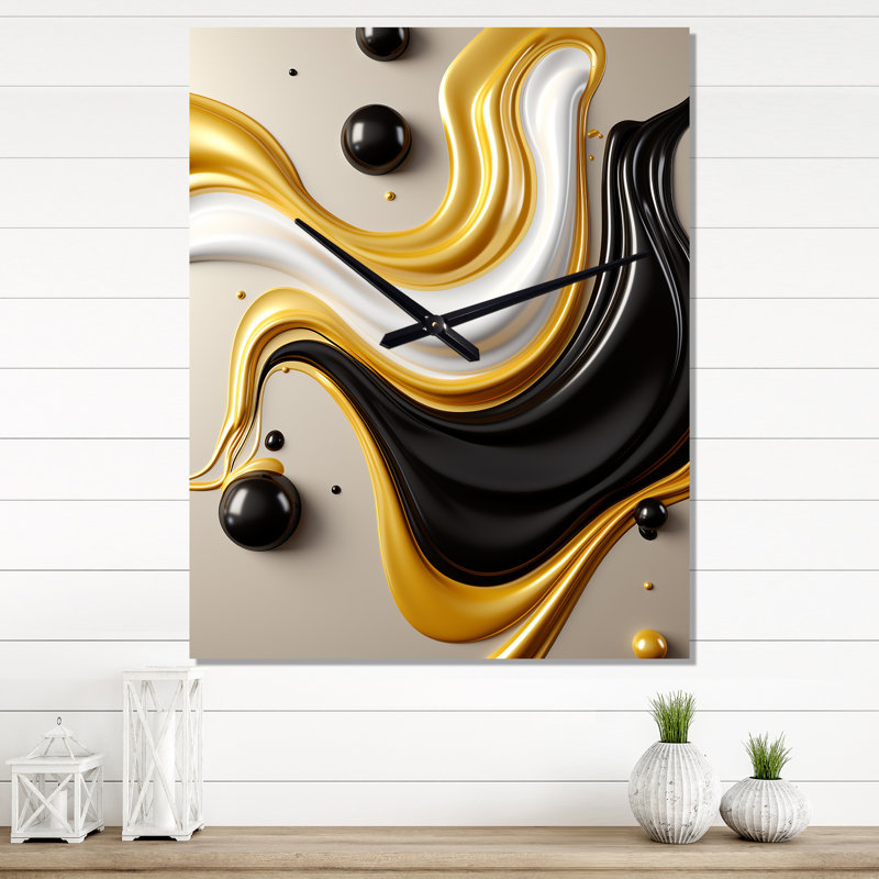 Liquide abstrait minimal en jaune blanc IV - Horloges murales à formes abstraites, Très grand