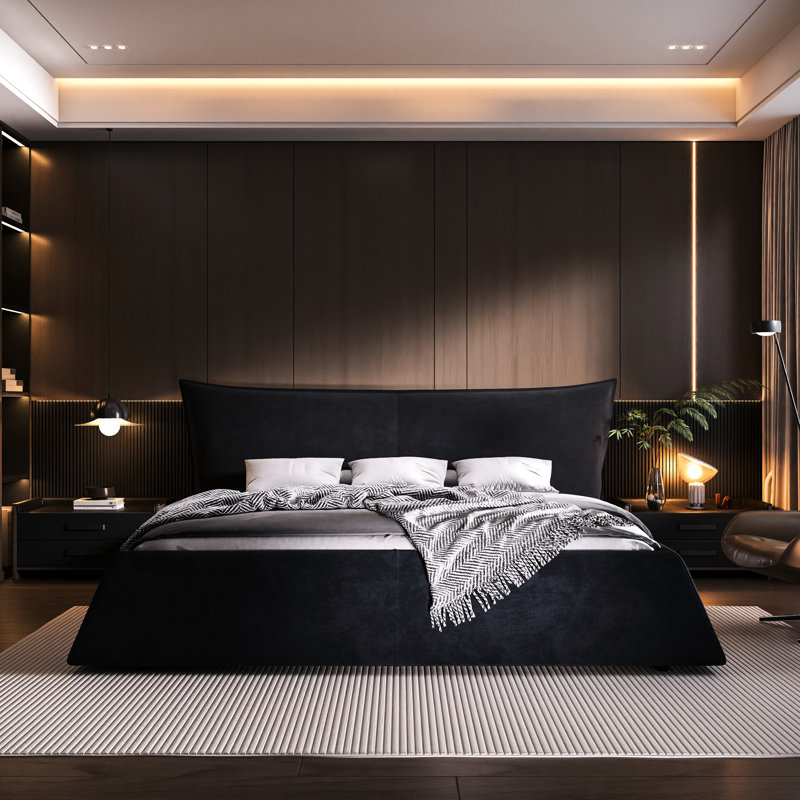 Très grand lit plateforme avec tête de lit surdimensionnée - Velours noir et structure de revêtement en métal de forme spéciale