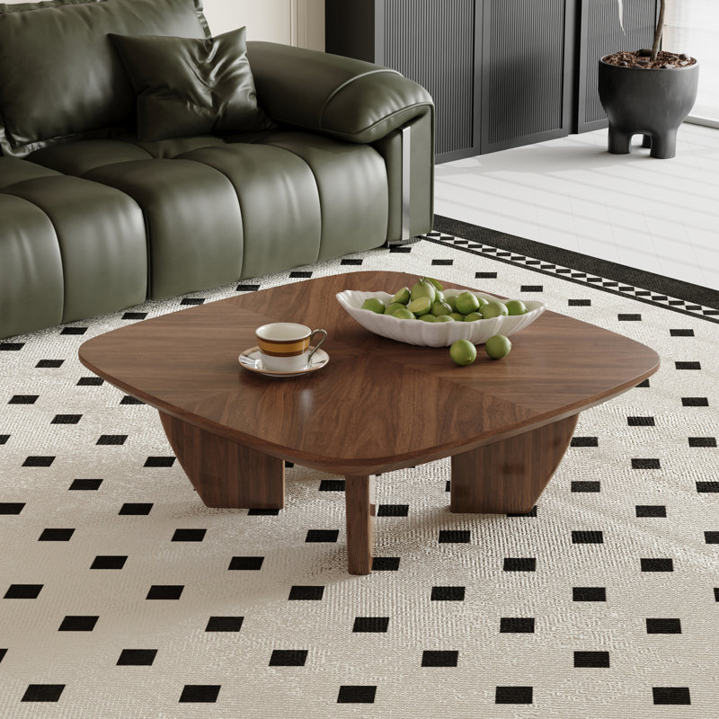 Table basse carrée en noyer de 39 po, table basse moderne en bois de style Mid-Century avec coins arrondis, table de salon en bois massif avec pieds uniques