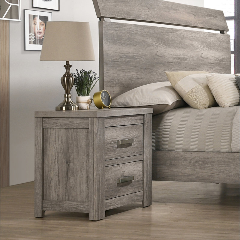 Table de chevet contemporaine à deux tiroirs en bois, gris vieilli