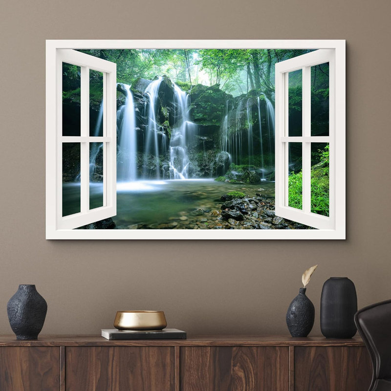 Fenêtre de paysage «Fenêtre vue cascade rustique cascade rivière forêt photos de nature paysages» sur, H 24 po x l 36 po