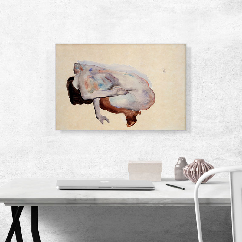 «Crouching Nude in Shoes and Black Basings View View 1912» par Egon Schiele, reproduction d'art sur toile tendue