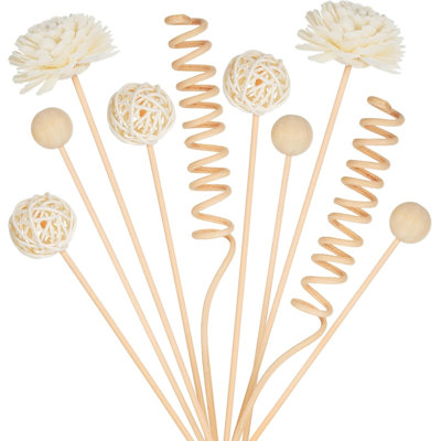 10PCS Decorative Reed Diffuser Sticks Set, Natural Rattan with Flowers & Wooden Balls for Home Fragrance Decor