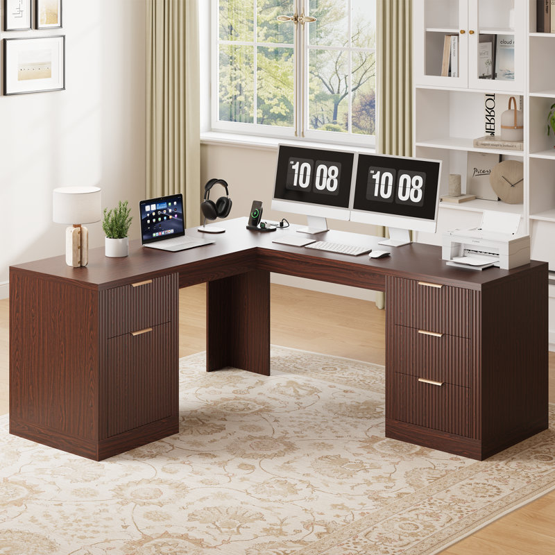 Bureau double 69 po en L avec 4 tiroirs, armoire et station de charge