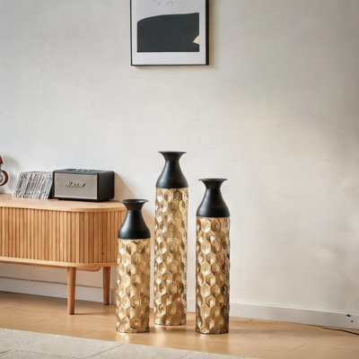 Black+Gold Metal and Cylinder Floor Vases Set of 3 Vases and Jars with Sleek Black Metal