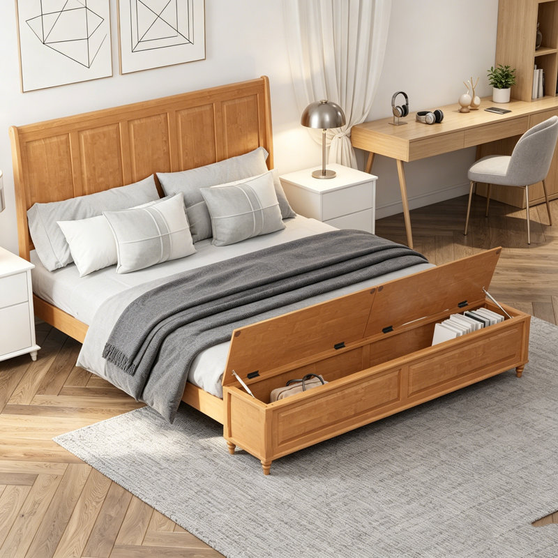 Structure de très grand lit avec tête de lit haute et banc de rangement, lit-bateau en bois massif avec coffre de 79 pouces, aucun sommier requis