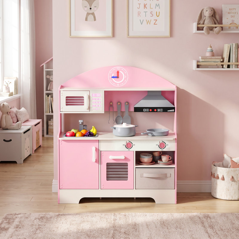 AIYAPLAY Kids Play Kitchen with Lights & Sounds, Fabric Drawer, Pink