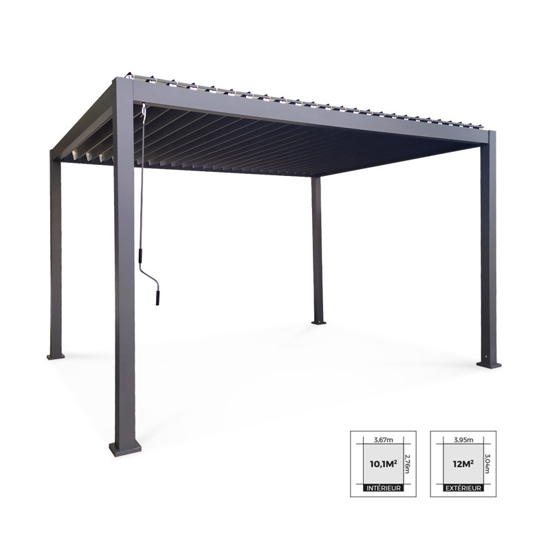 3x4m Louvered aluminum pergola with adjustable roof slats, 250cm H x 395cm W x 304cm D