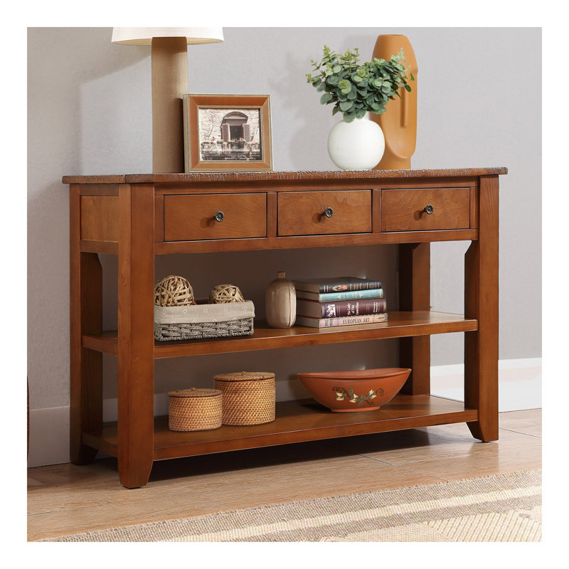 Console en bois de pin massif 48 po, table d'appoint moderne avec 3 tiroirs de rangement et 2 tablettes. Facile à assembler (brun)