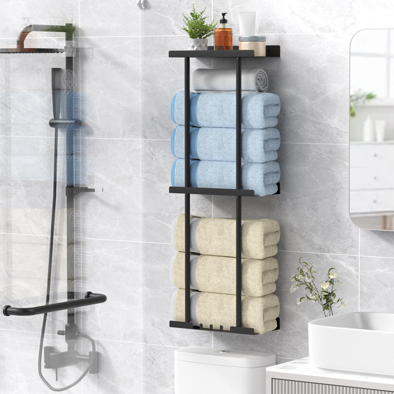 Porte-serviettes pour salle de bain, porte-organisateur de rangement mural à roulettes verticales avec tablette, peut contenir jusqu'à 6 grandes draps de bain, noir grande taille