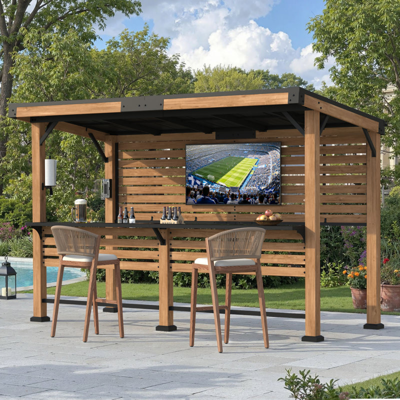 Beaufort 6.5' x 11' Cedar Wood Entertainment Bar Gazebo With Charging Station And Accessory Organizer,Galvanied Steel Slope Pavillian Roof