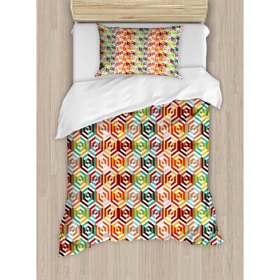 Geometric Abstract Cubes Isometric Hexagonal Shaped Pattern Colorful Retro Design Print Duvet Cover Set -  Ambesonne, nev_28008_twin