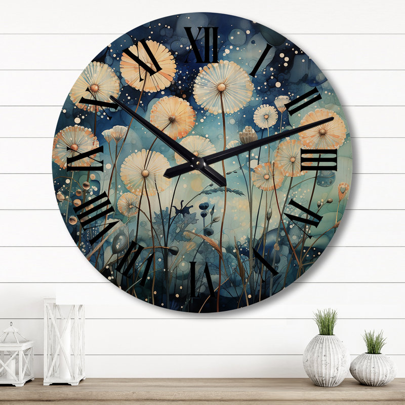 Horloge murale surdimensionnée Blue Dandelion Field Pointillism Dot II - Paysages, Grand