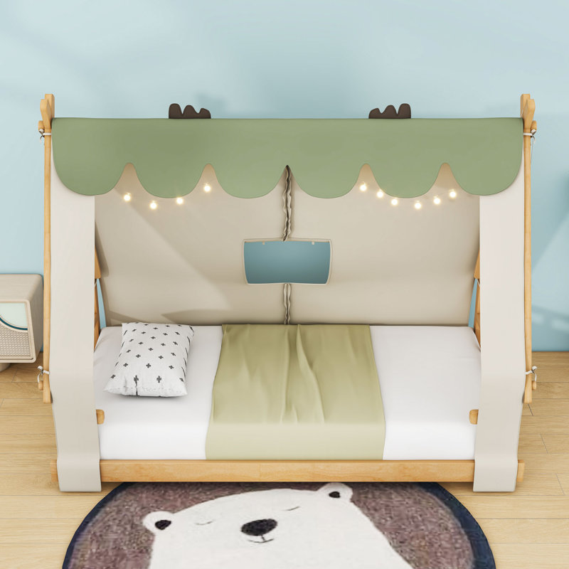 Wooden Frame Platform Bed With Tent And House Design, Twin, White