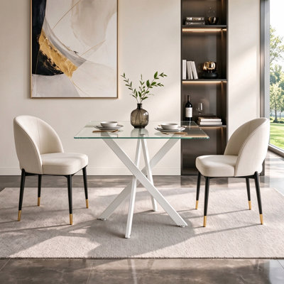 35" Modern Minimalist Square Tempered Glass Dining Table with X-Cross Metal Base