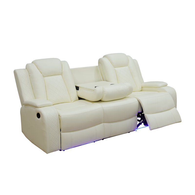 83" Breathable Leather Power Reclining Sofa with Wireless Chargers and Blue LED Light, Cream
