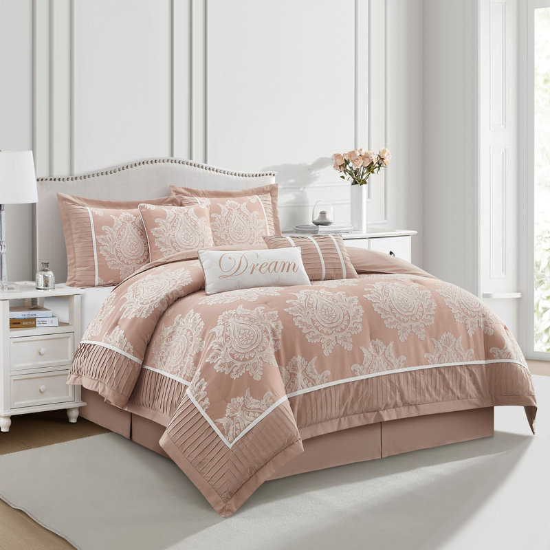 Ensemble d'édredon damassé traditionnel 7 pièces Therese, Édredon de grande taille et 6 pièces supplément, Rosé