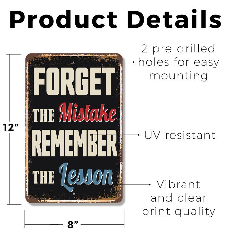 «Forget The Mistake Rappelez-vous la leçon» de style rétro (paquet de 2) de 8 po x 12 po en plastique