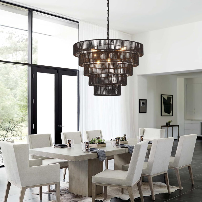 Vintage Rattan Chandelier With 8-Lights, Hand-Woven Bamboo Drum Design, Farmhouse Boho Style Light Fixture For Dining Room, Kitchen Island, Living Room