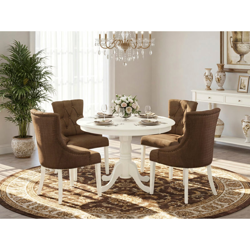 Janalee  Solid Wood Rubberwood Dining Set, Linen White, 5 Pieces: Table, 4 Chairs, Brown
