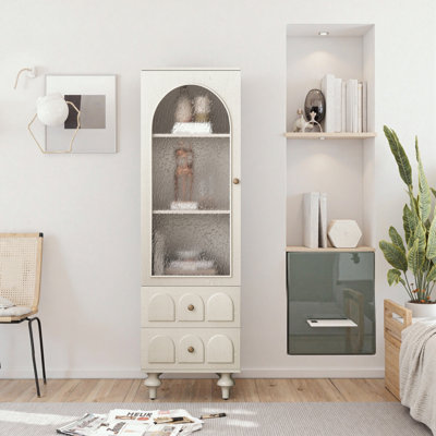 Grande armoire de rangement avec porte en verre trempé, deux tiroirs et tablette réglable pour une organisation polyvalente et élégante