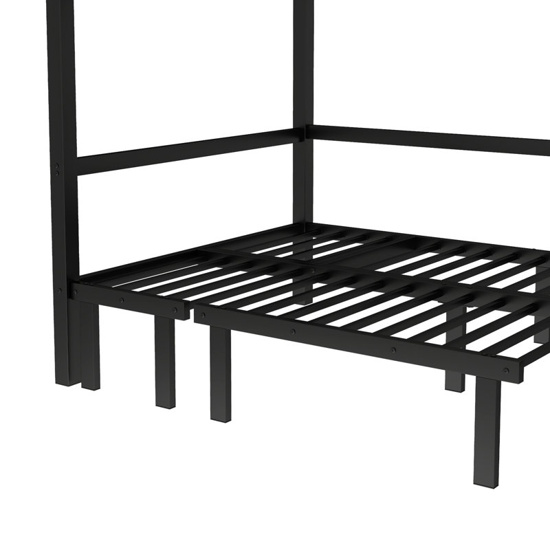 Full Over Full Size Pull-Out Metal Bunk Bed, Lower Bunk Can Be Pulled Out In Three Sections, Top Bunk Equipped With Safety Rails, Black.