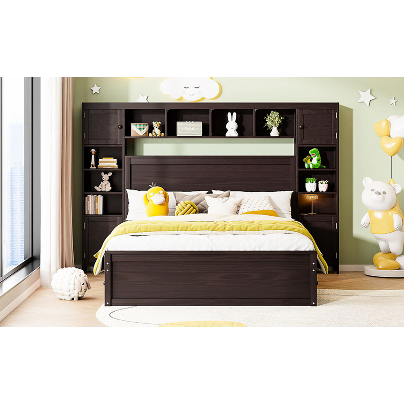 Grand lit en bois massif avec solutions de rangement pratiques - Ensemble d'armoire, de tablette et de socle de couleur durable avec douilles accessibles