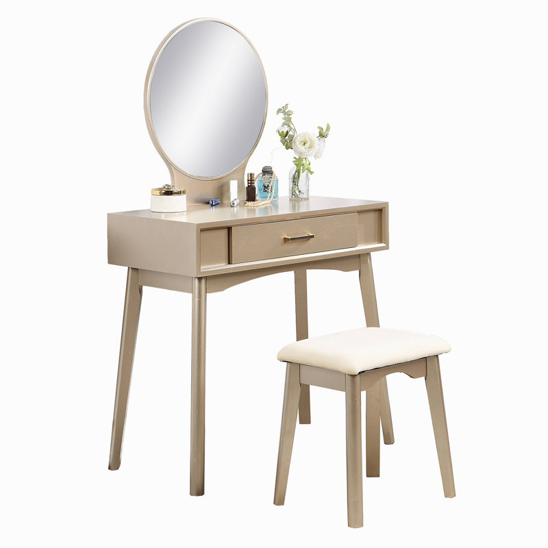 Ensemble coiffeuse et tabouret contemporain en bois Maly, Doré