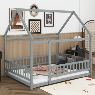 Structure de lit House, lit de plancher Montessori avec toit et garde-corps pleine longueur, cadre de lit en bois pour les adolescents adultes