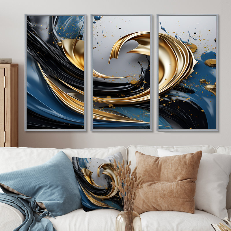 «Evolving Gold Flow» - ensemble d'impressions murales abstraites à encre liquide, Encadrement argenté